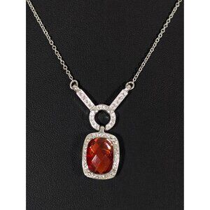 Avon‎ Red Faceted Rectangle Cabochon Halo Silver Tone Glam Necklace Evening 16"